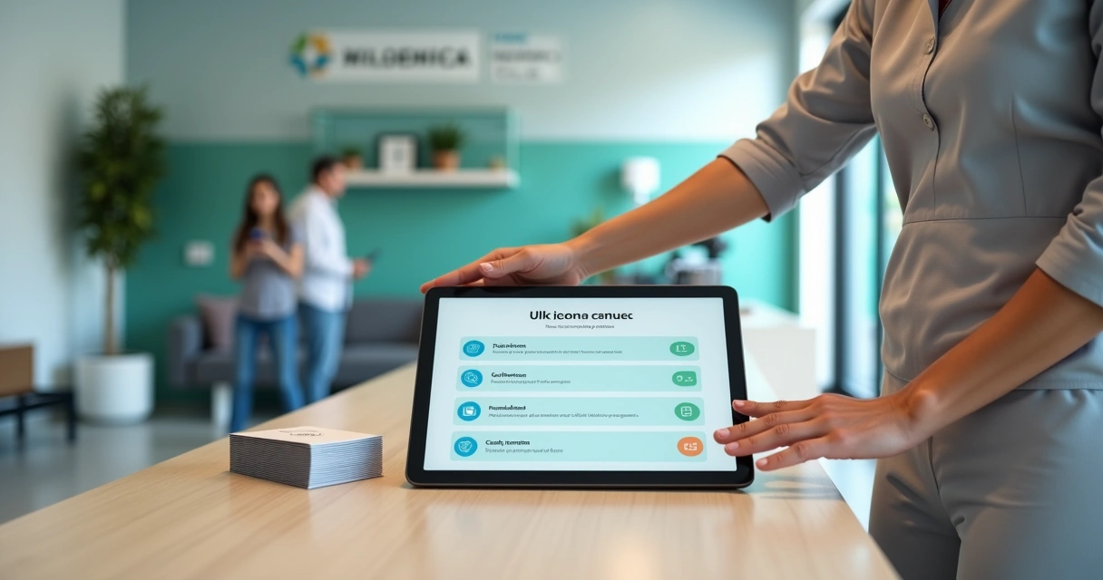Recepcionista mostra checklist digital de cadastro para paciente em clínica moderna 