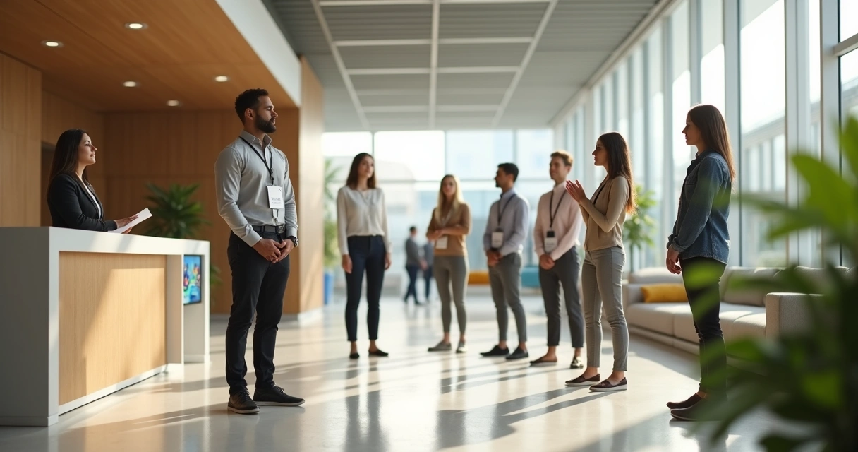 Novo colaborador em recepção corporativa participando de ritual de meditação guiada no onboarding 