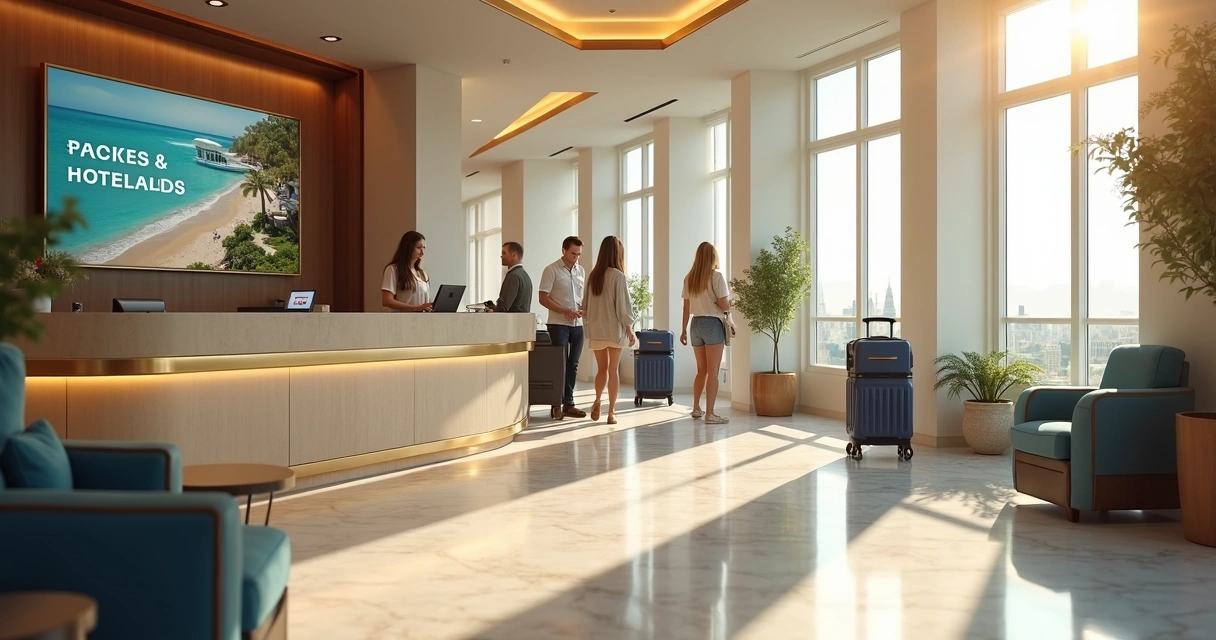 Recepção de hotel com material de pacotes e reservas 