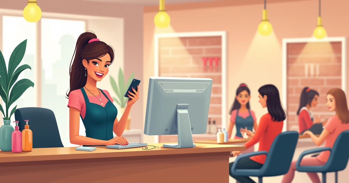 Recepcionista de salão de beleza usando smartphone para agendamento 
