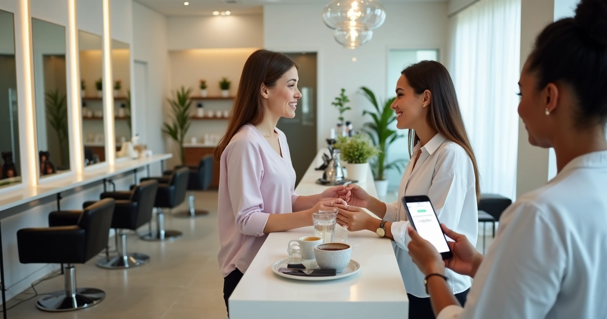 Recepção de salão com atendimento e mensagens no celular 