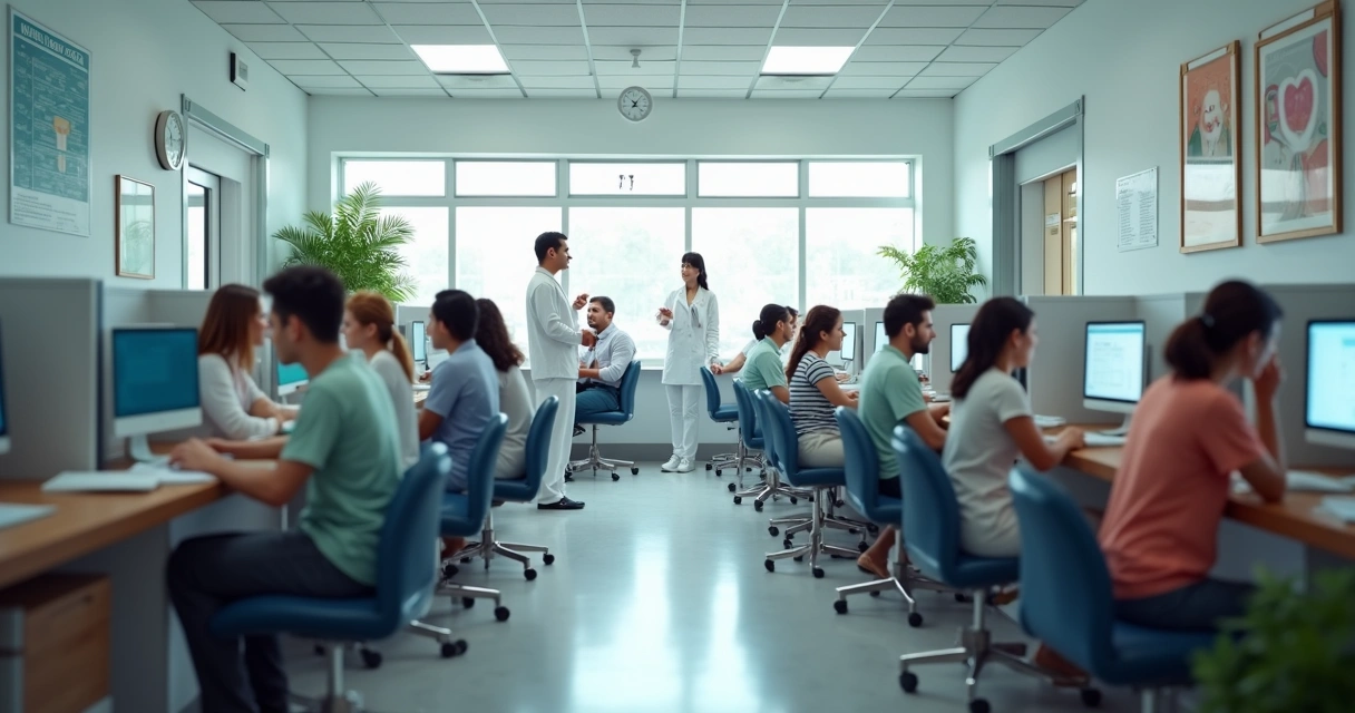 Recepção de clínica odontológica movimentada com equipe atarefada e pacientes aguardando 