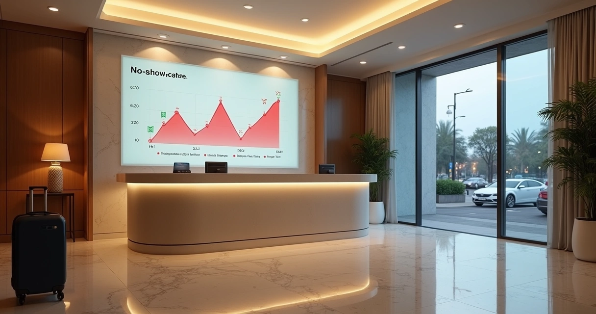 Recepção de hotel vazia com gráfico de no-show projetado na parede 
