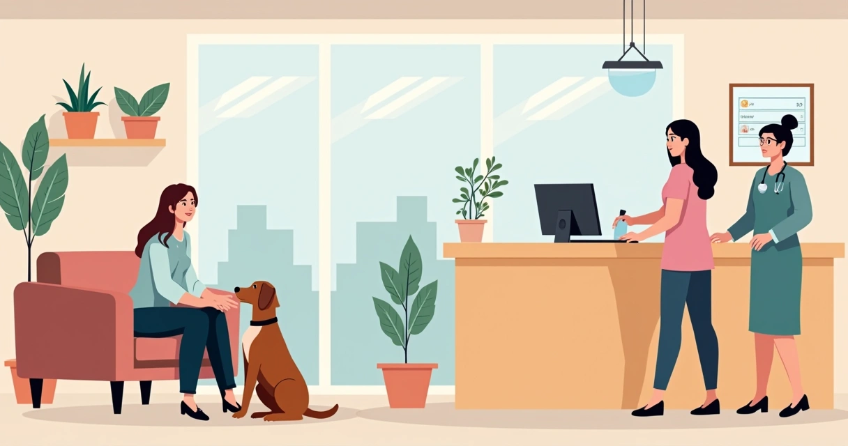 Recepção aconchegante de clínica veterinária com equipe atenciosa 