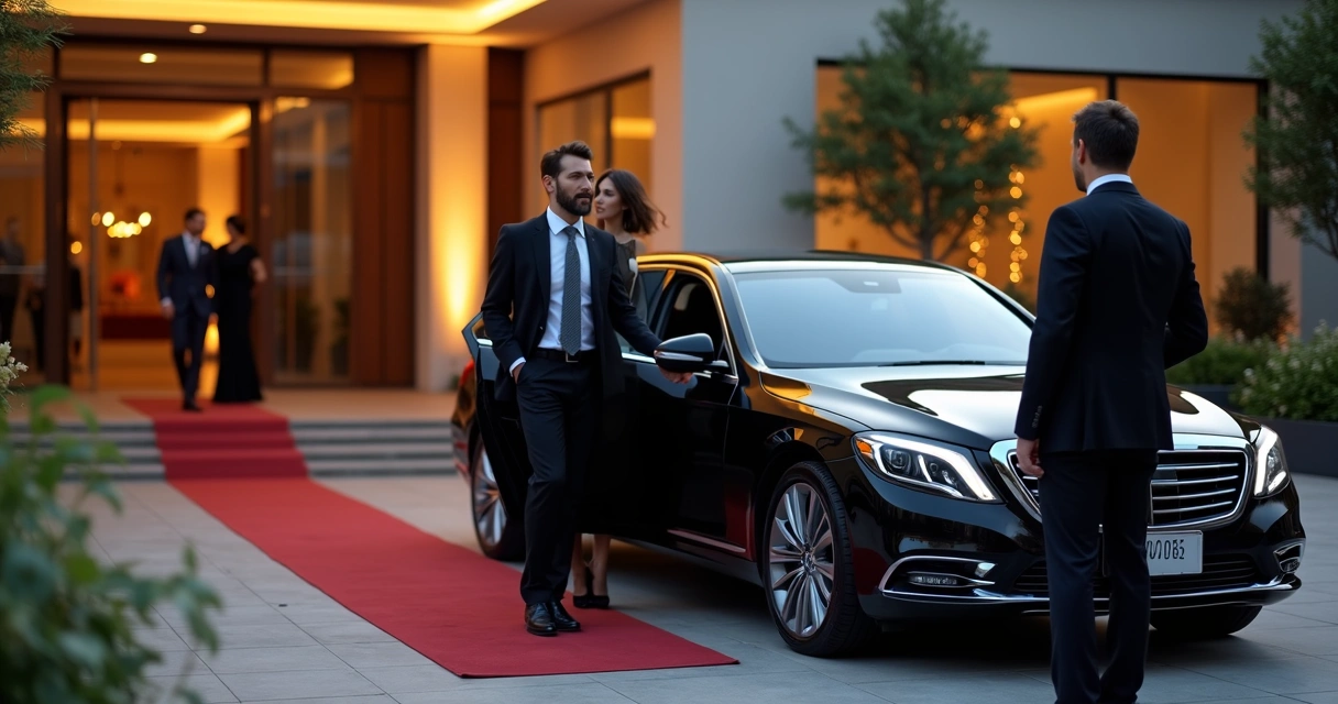 Motorista executivo recebendo casal de convidados VIP em entrada de evento elegante 