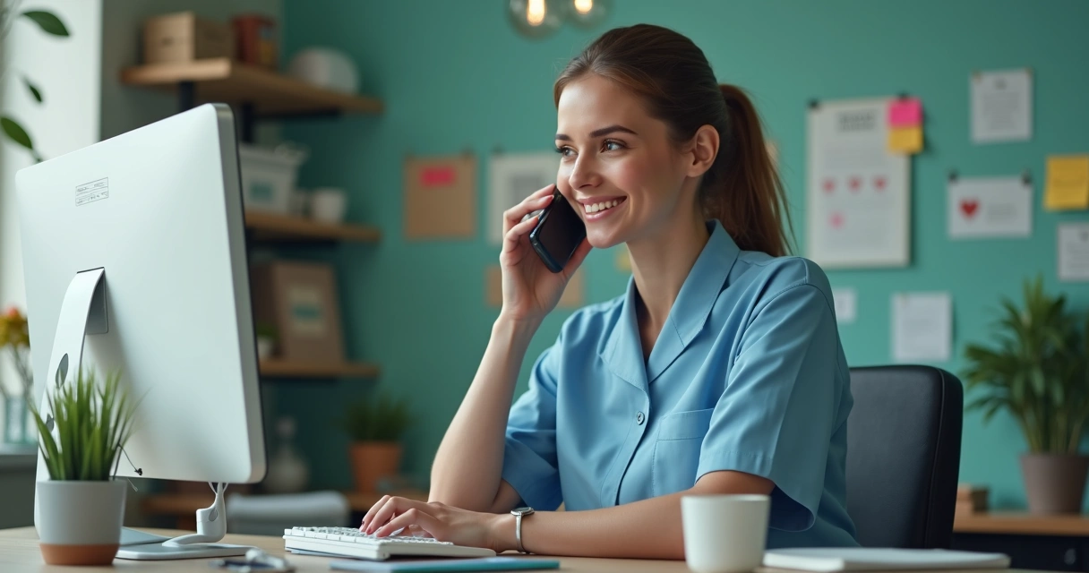 Recepcionista de clínica odontológica ao telefone com tela de mensagens abertas