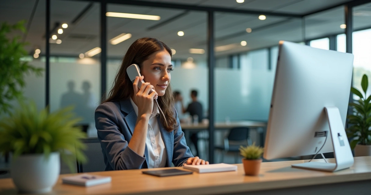 Recepcionista atendendo telefone em escritório moderno 