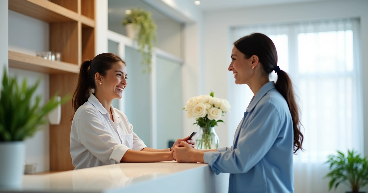 Recepcionista atendendo paciente sorridente em clínica odontológica 