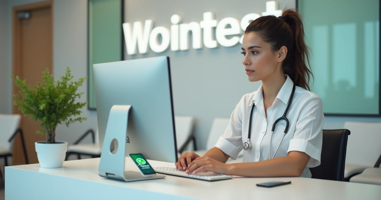 Recepcionista de clínica utilizando computador ao lado do celular com o WhatsApp aberto 