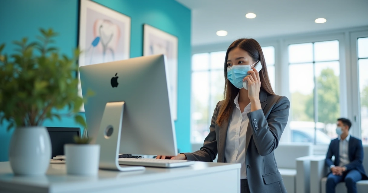 Recepcionista atendendo paciente em clínica odontológica 