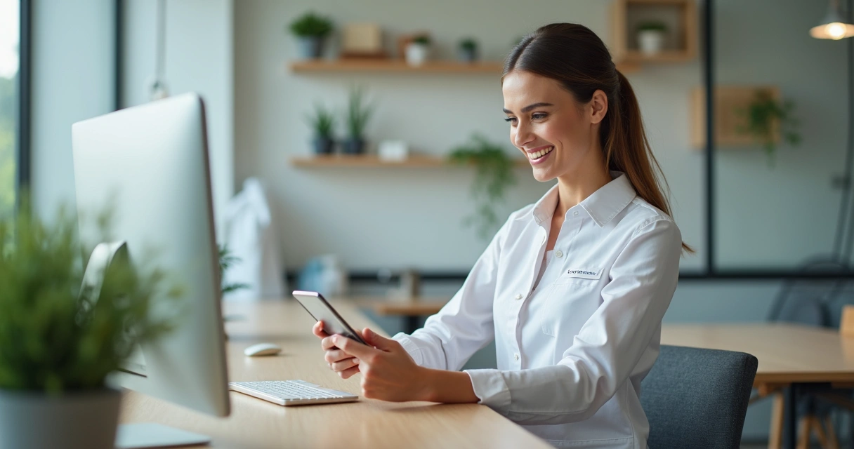 Recepcionista de clínica odontológica atendendo pacientes pelo WhatsApp em smartphone