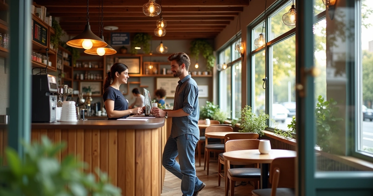 Recepcionista atrás do balcão de um café físico, sorrindo para um cliente que faz um pedido 