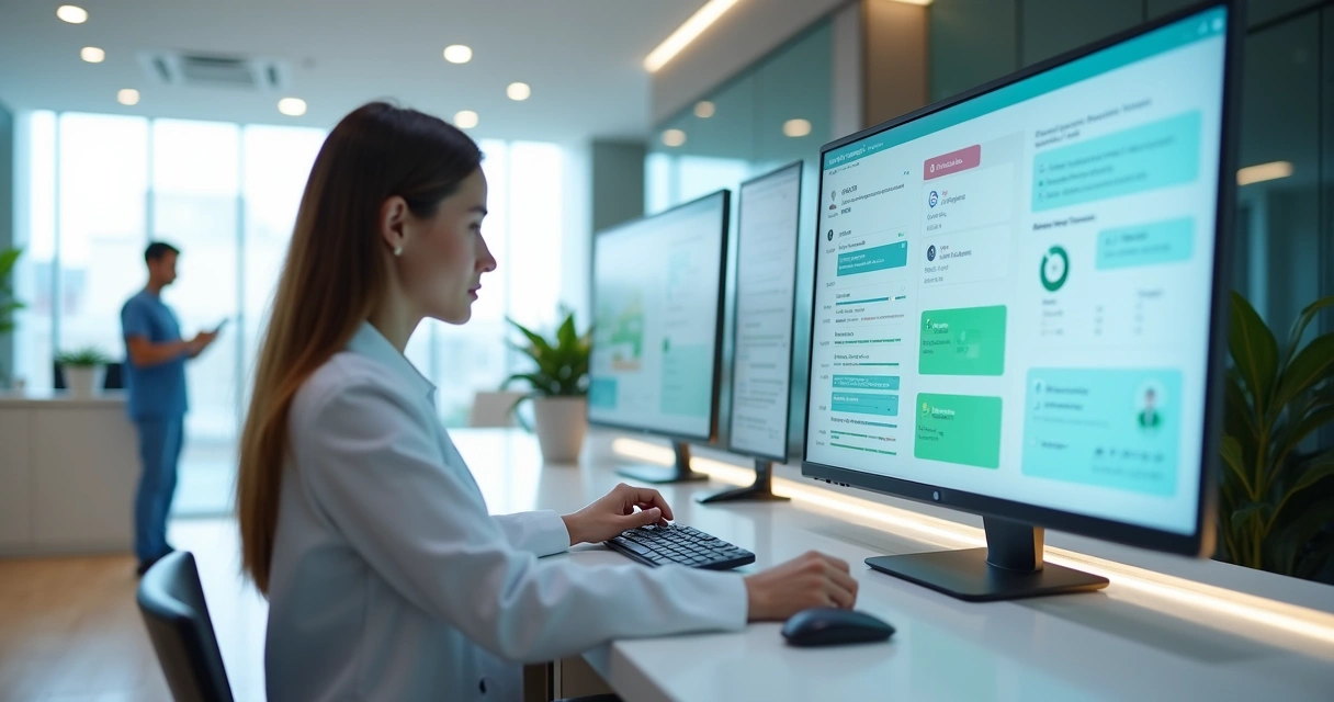Recepcionista de clínica gerenciando agendamentos online em telas digitais modernas 