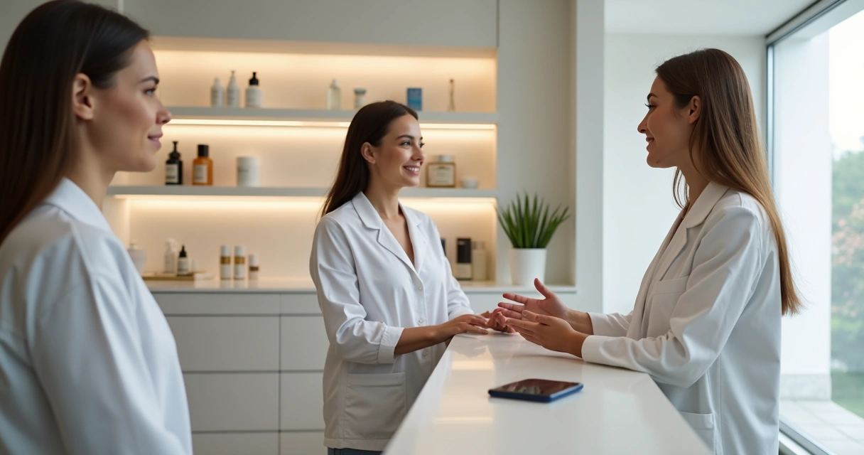 Recepcionista atendendo cliente em clínica de estética 