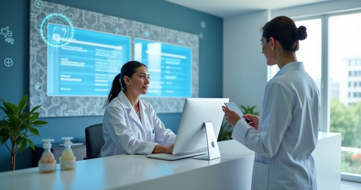 Atendimento automatizado na recepção de clínica médica, com painel digital ao fundo 