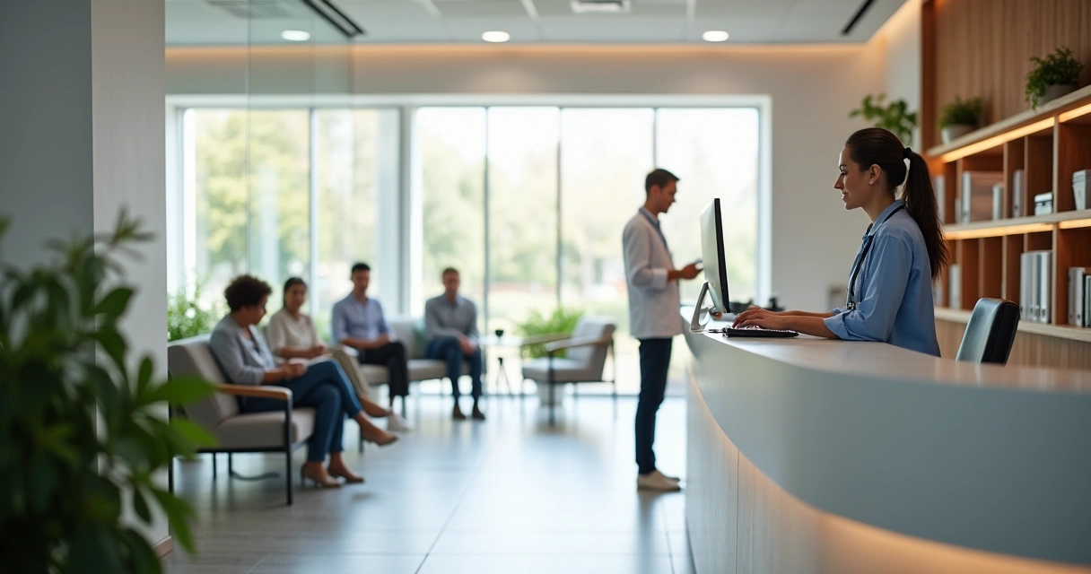 Recepcionista em clínica médica digitando dados em computador moderno