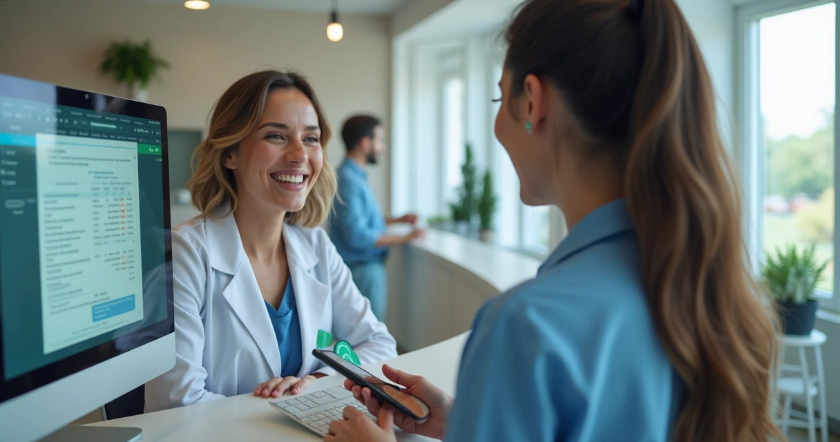 Recepcionista atende paciente em clínica médica moderna com computador, agenda digital na tela e ambiente iluminado 
