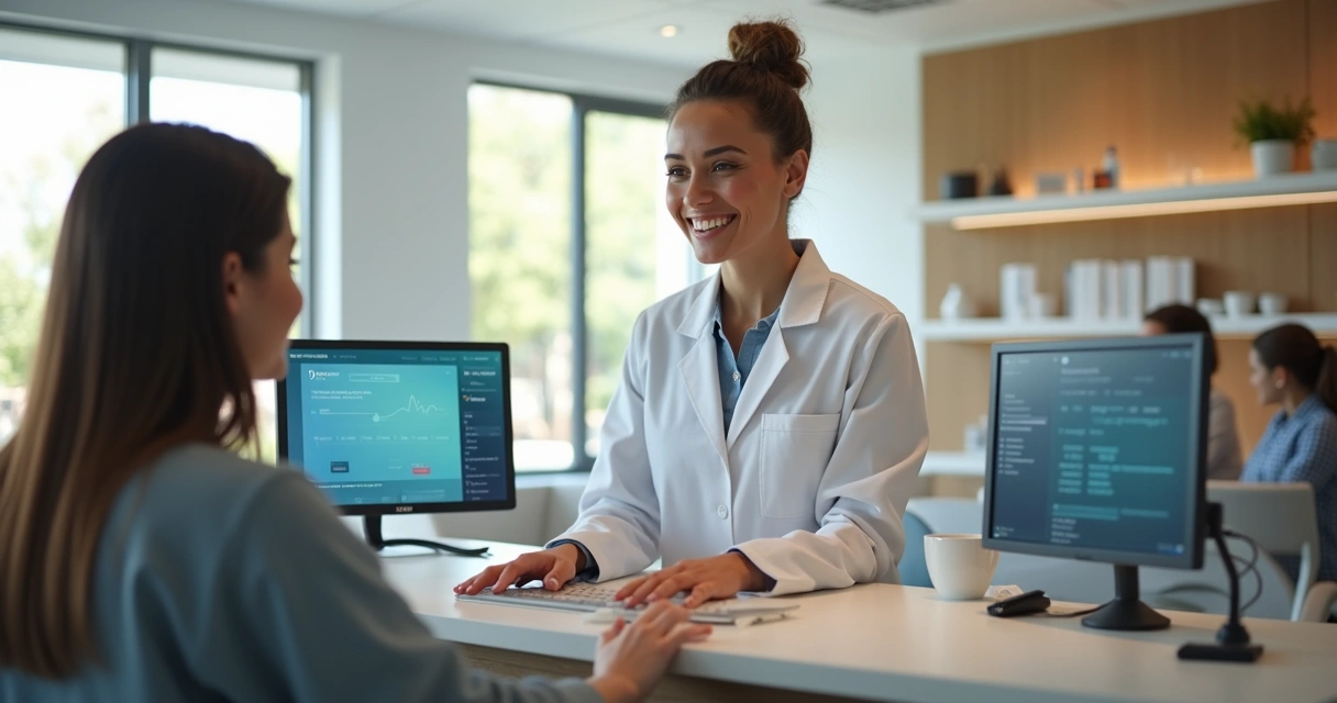 Recepcionista atendendo paciente em clínica odontológica, ambiente moderno 