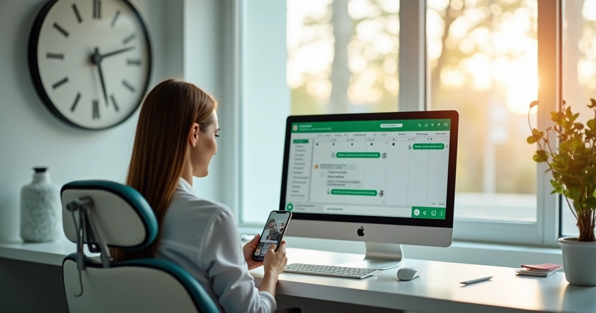 Recepcionista de clínica odontológica conferindo agenda digital no WhatsApp 