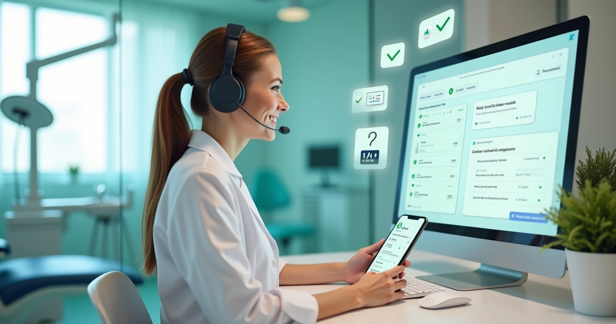 Recepcionista de clínica odontológica usando computador e celular para agendar consultas 
