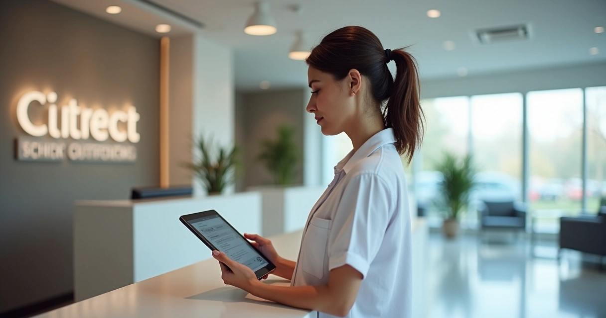 Recepcionista usando tablet para agendar consulta online