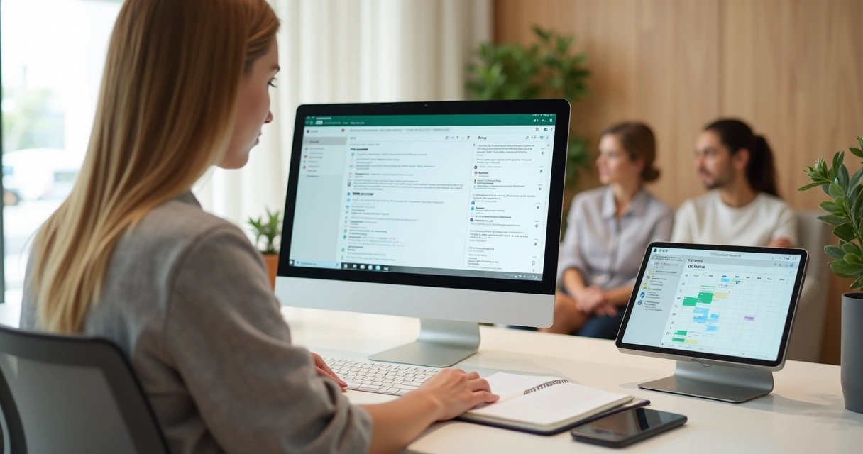 Recepcionista de clínica organiza retornos de pacientes com WhatsApp no computador 