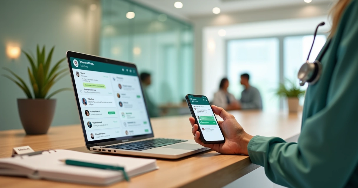 Recepcionista de clínica confirma consultas pelo WhatsApp no computador e no celular 