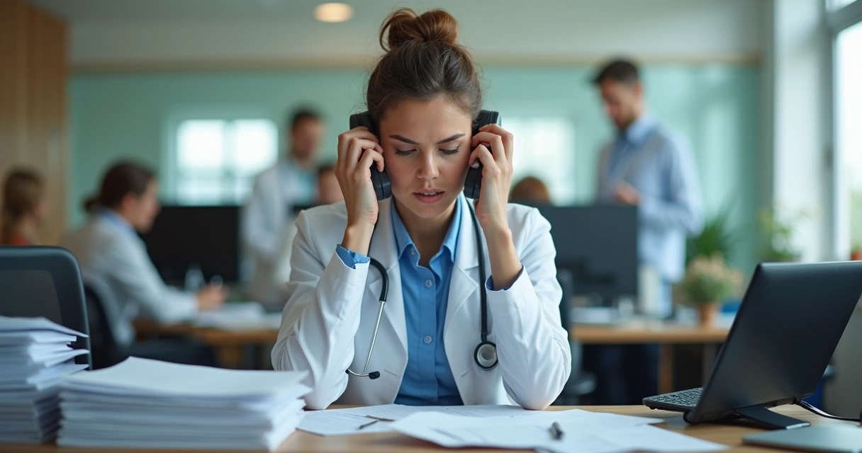 Recepcionista de consultório lidando com pilhas de papeis e telefonemas em ambiente médico 