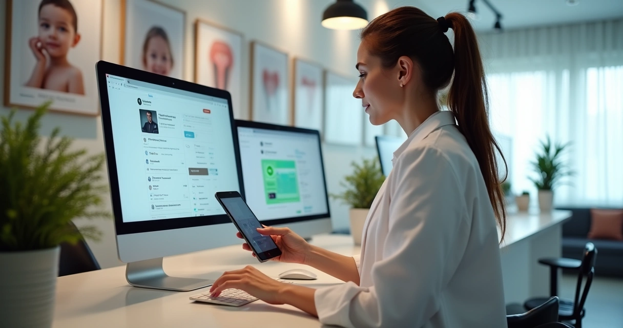 Recepcionista clínica acompanhando mensagens de pacientes em diferentes canais digitais