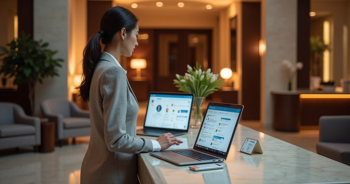 Recepcionista de hotel analisando painel de CRM em notebook no balcão 