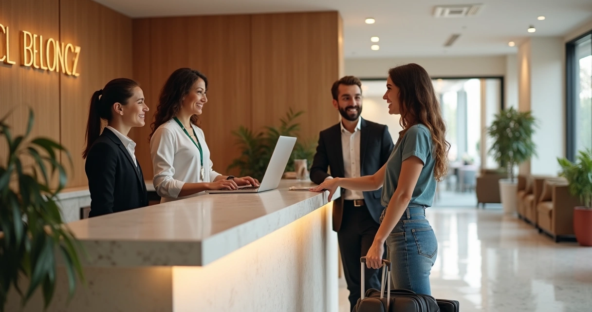 Recepcionista cumprimentando hóspedes no balcão de hotel 