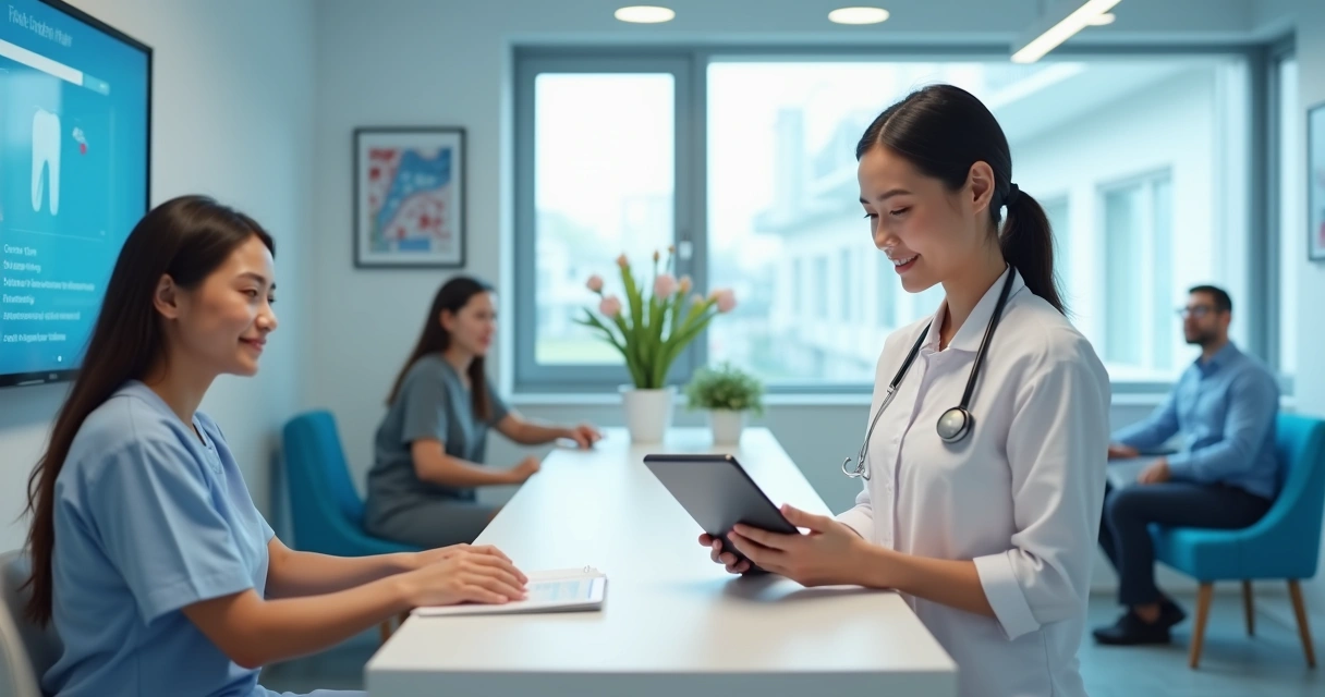 Recepcionista de clínica odontológica usando tablet na recepção 