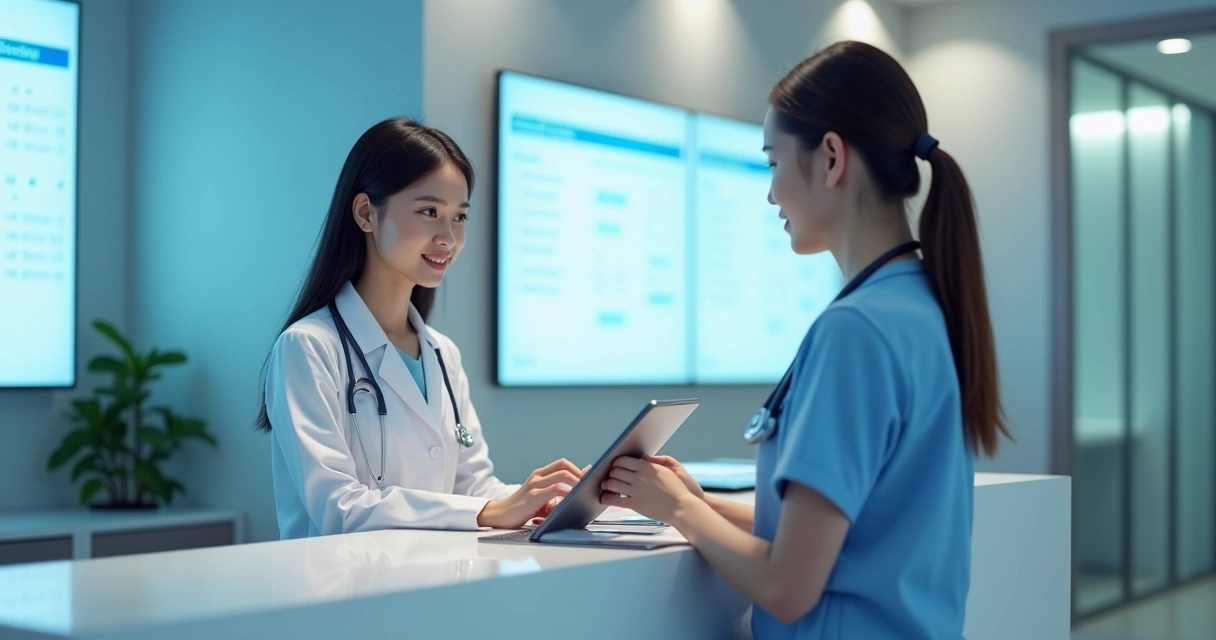 Assistente virtual atende paciente em clínica utilizando tablet 