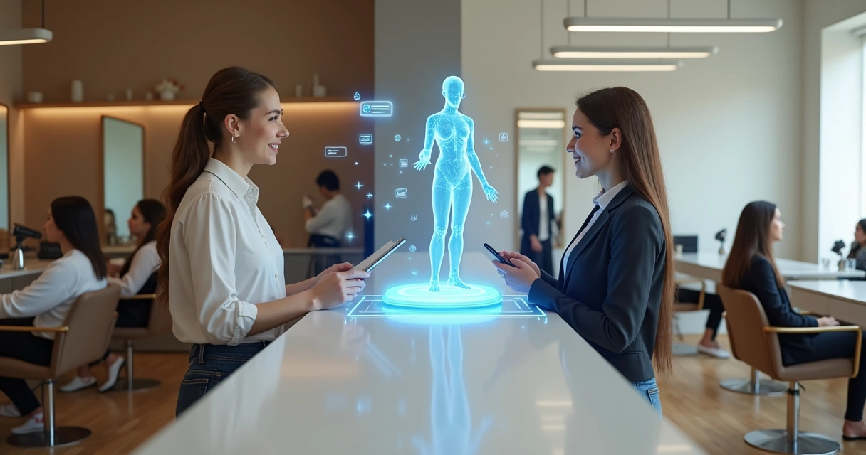 Recepcionista digital com IA em holograma ajudando equipe de salão de beleza 