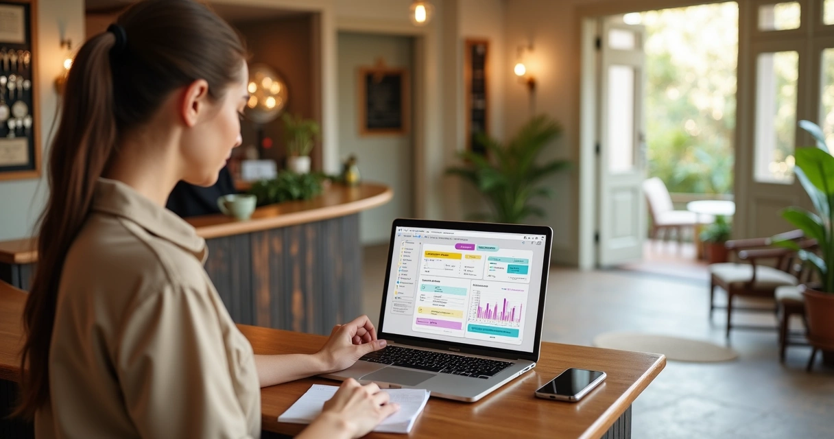 Recepcionista de pequena pousada usando notebook com painéis de gestão na recepção 