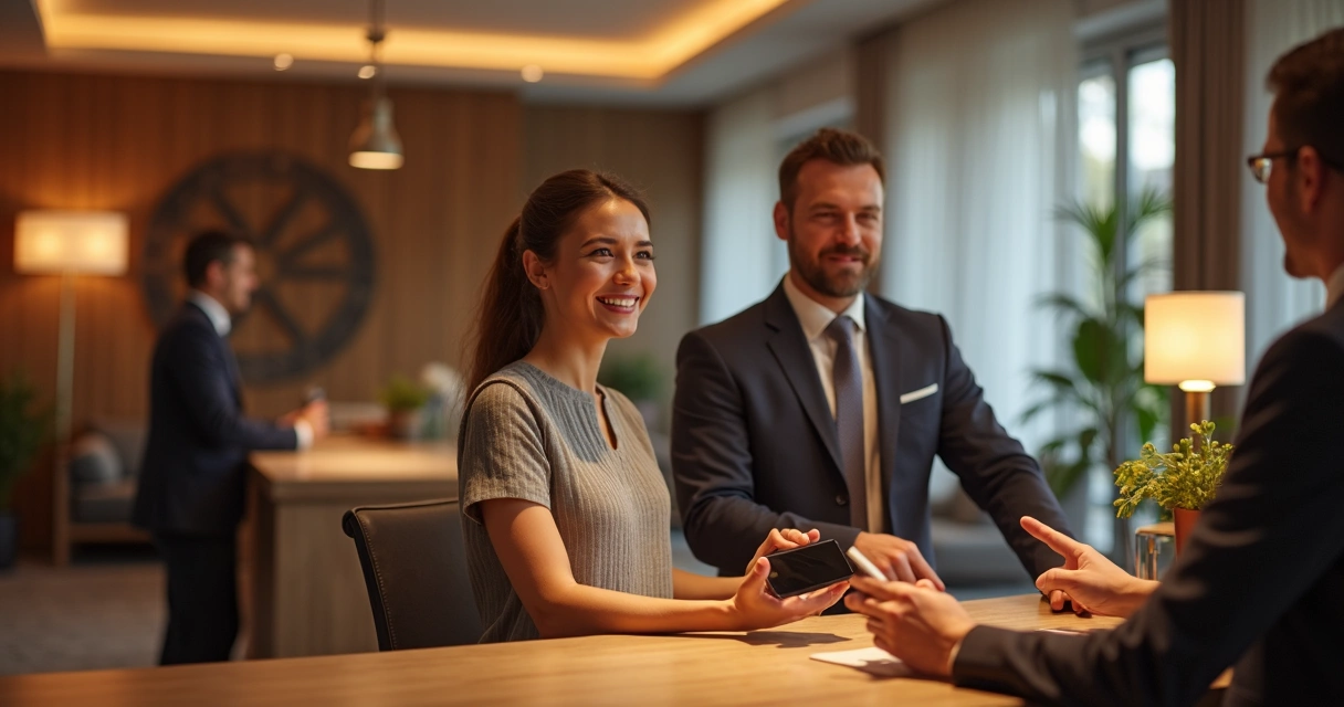 Recepcionista de hotel e totem de check-in lado a lado na recepção 