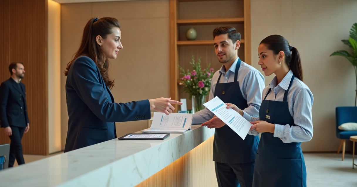 Recepcionista de hotel orientando colega com roteiro em mãos 