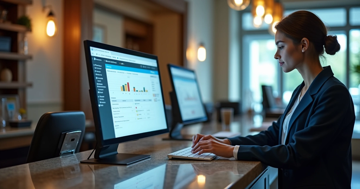 Recepcionista de hotel digitando em sistema integrado no computador 