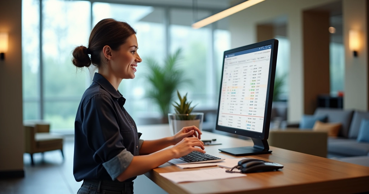 Recepcionista de hotel acessando dados do hóspede no sistema 