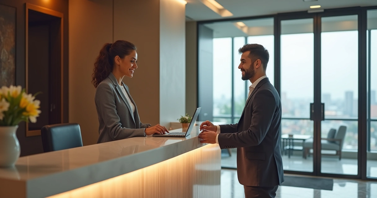 Recepcionista de hotel cumprimentando hóspede no lobby moderno 