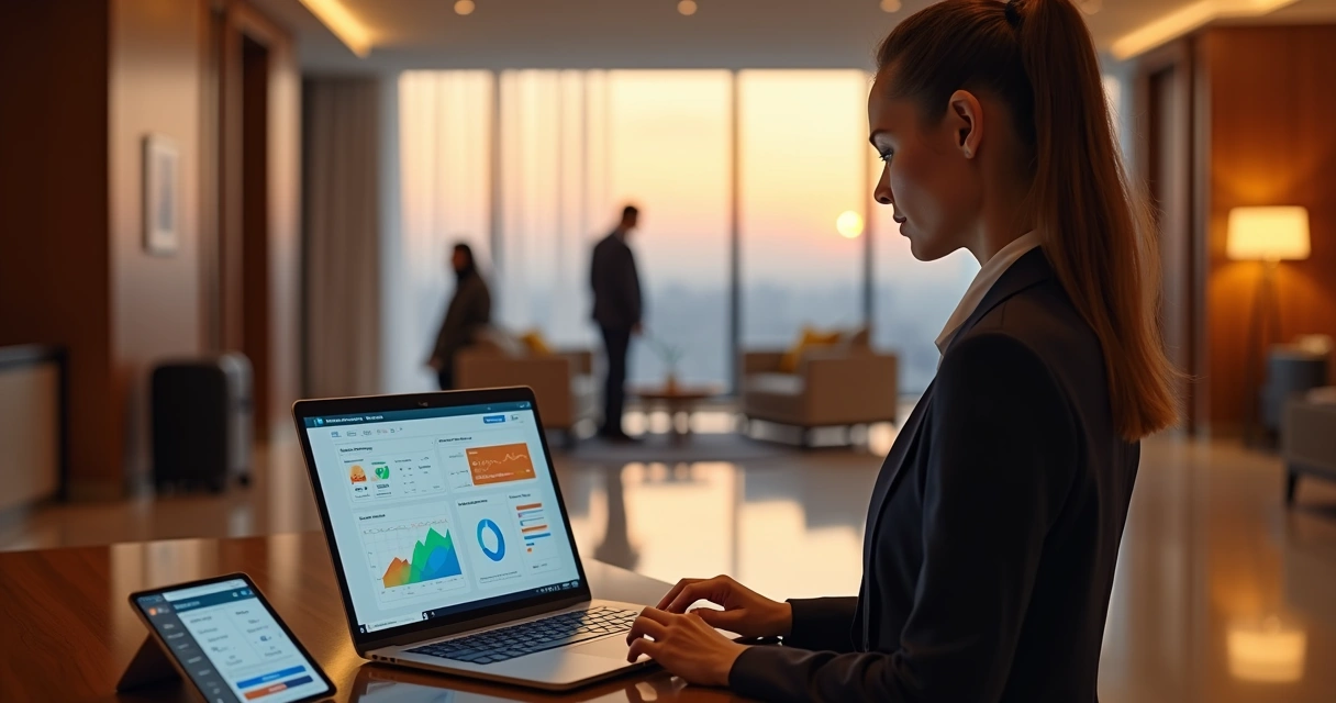Recepcionista de hotel analisando painel de marketing digital no laptop na recepção 
