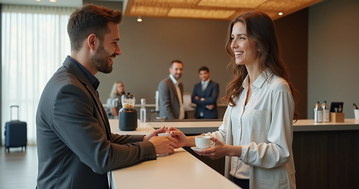 Recepcionista de hotel servindo café a hóspede com sorriso 