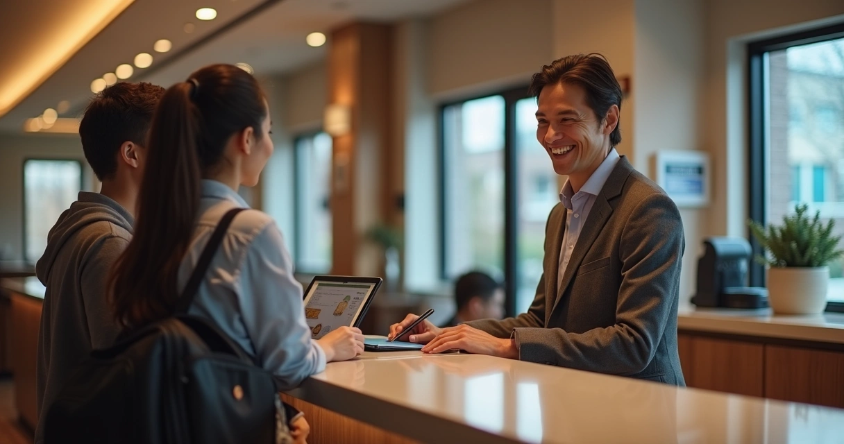 Recepcionista de hotel usando tablet para atendimento personalizado 
