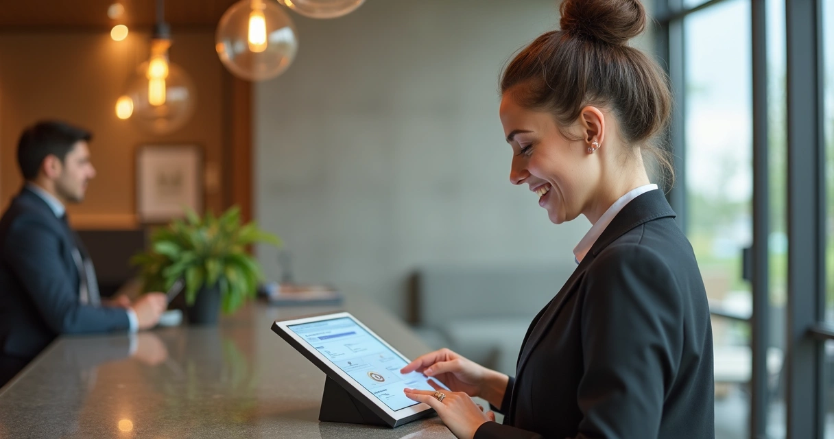 Recepcionista usando tablet em hotel moderno 