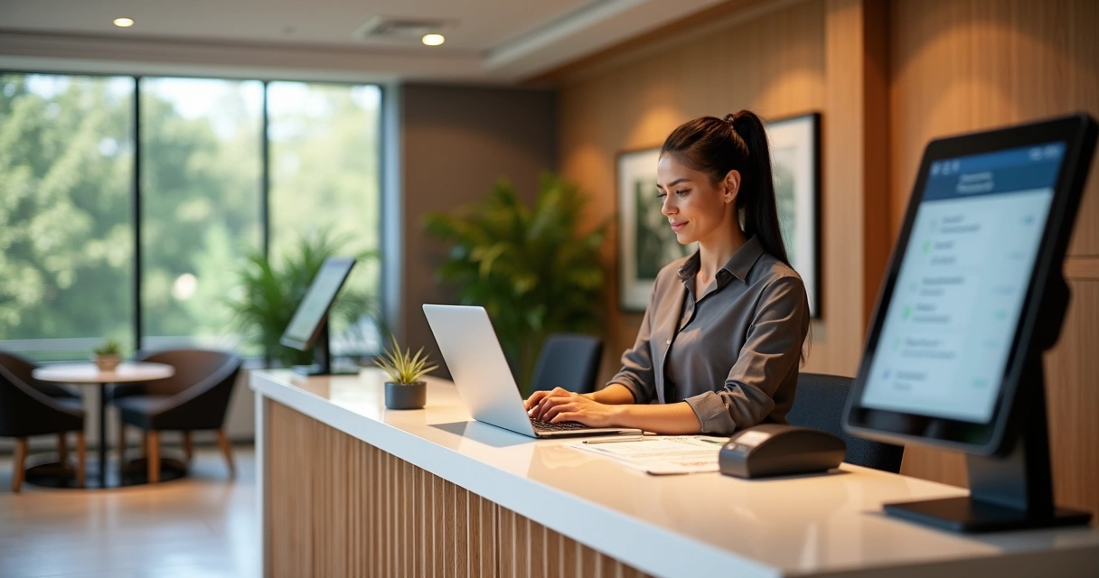 Recepcionista em hotel digital com notebook e terminal de autoatendimento 