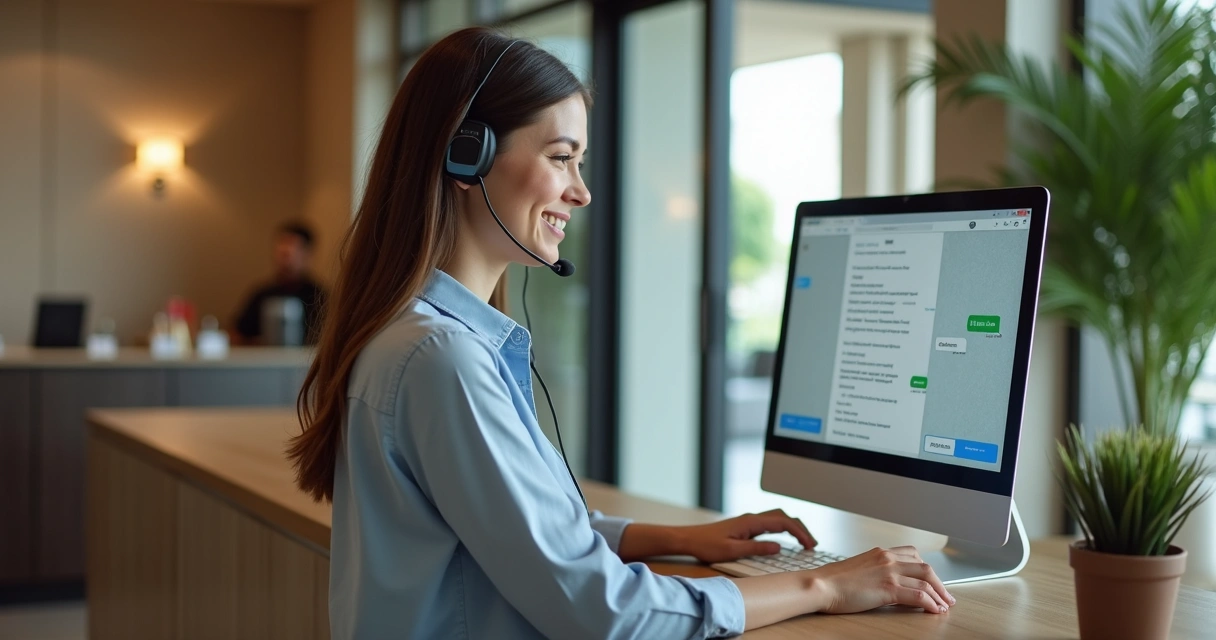 Recepcionista de hotel usando computador para atender hóspede pelo WhatsApp 