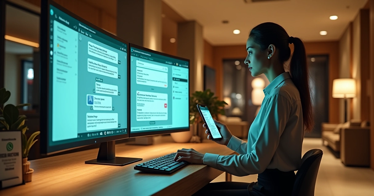Recepcionista de hotel usando computador com tela de WhatsApp ao lado do PMS 