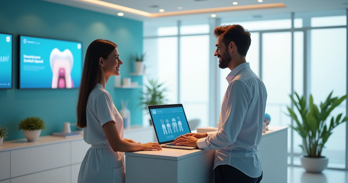 Recepcionista digital interagindo com paciente em clínica odontológica 