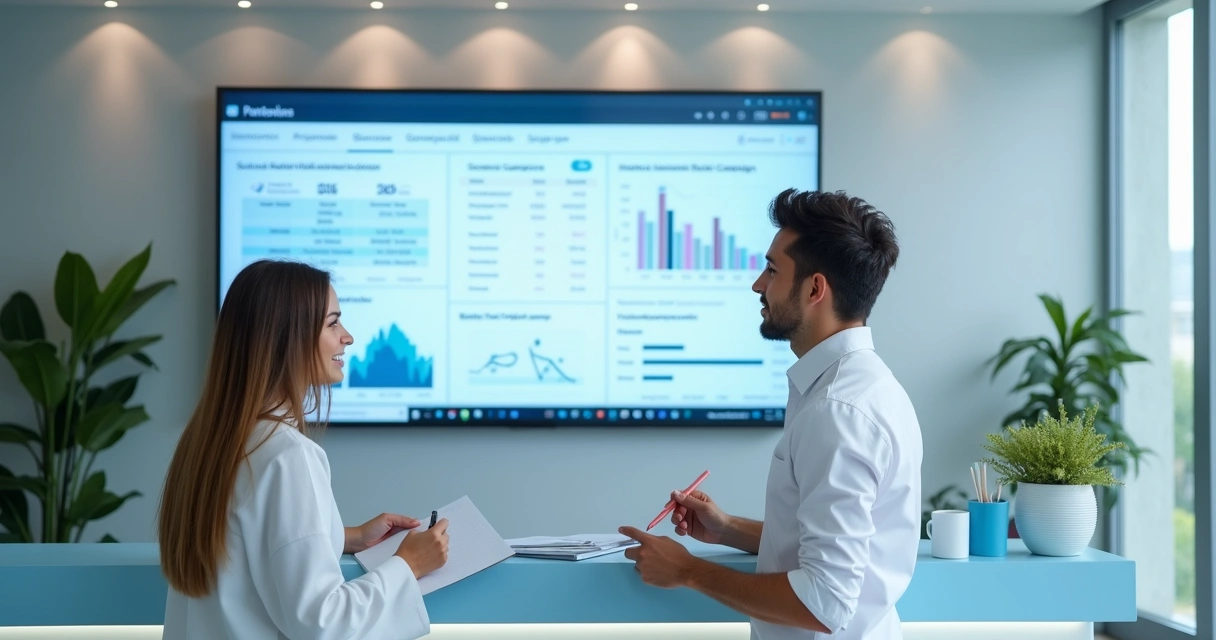 Recepcionista da clínica odontológica conversando com equipe de marketing em frente a um computador