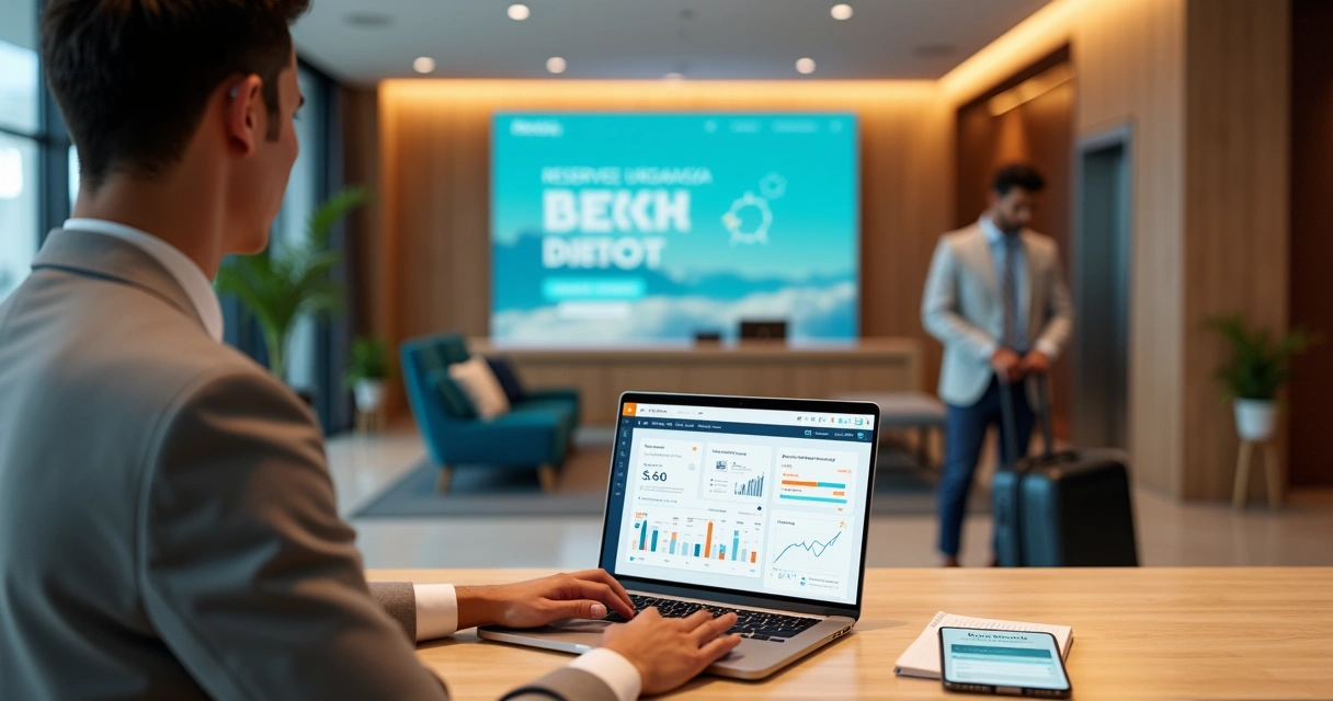 Recepcionista de hotel analisando painel de reservas digitais em laptop 